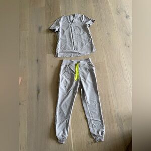 Figs Light Gray Scrub Set with Neon Yellow Accents